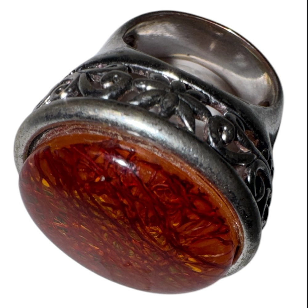 Large Red Rutilated Quartz Ring with Silver Tone Floral Setting - Picture 5 of 7